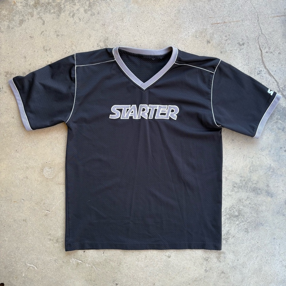 Vintage STARTER Short Sleeve Jersey Men's Large Black and Gray Embroidered 90s